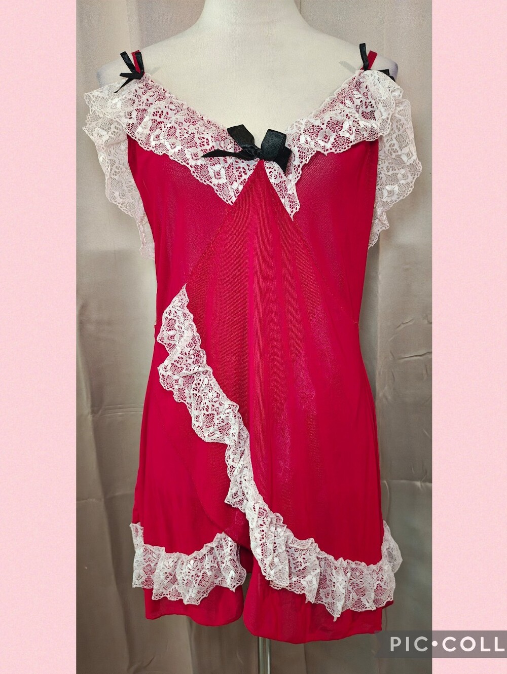 🩷🍒Vintage Red & Pink Lace Coquette Lingerie Slip Dress🍒🩷
